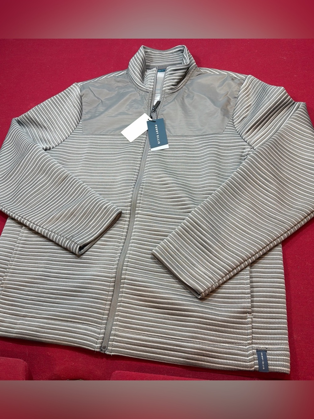 Perry Ellis NEW Men's L Gray striped Ribbed Full Zip Jacket Light Weight Pockets